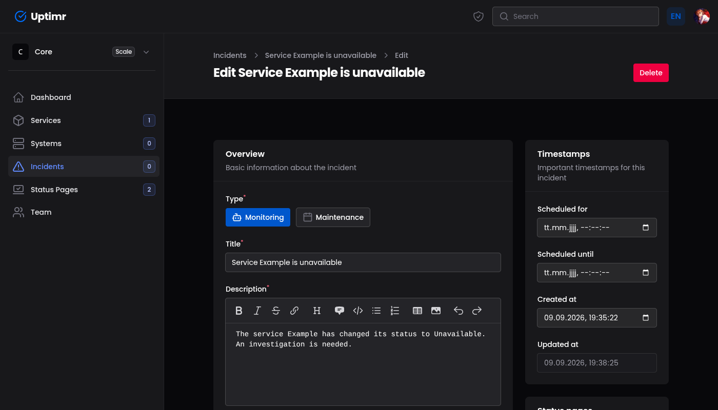 An Uptimr incident being managed through its status workflow, with incident posts and status page notifications