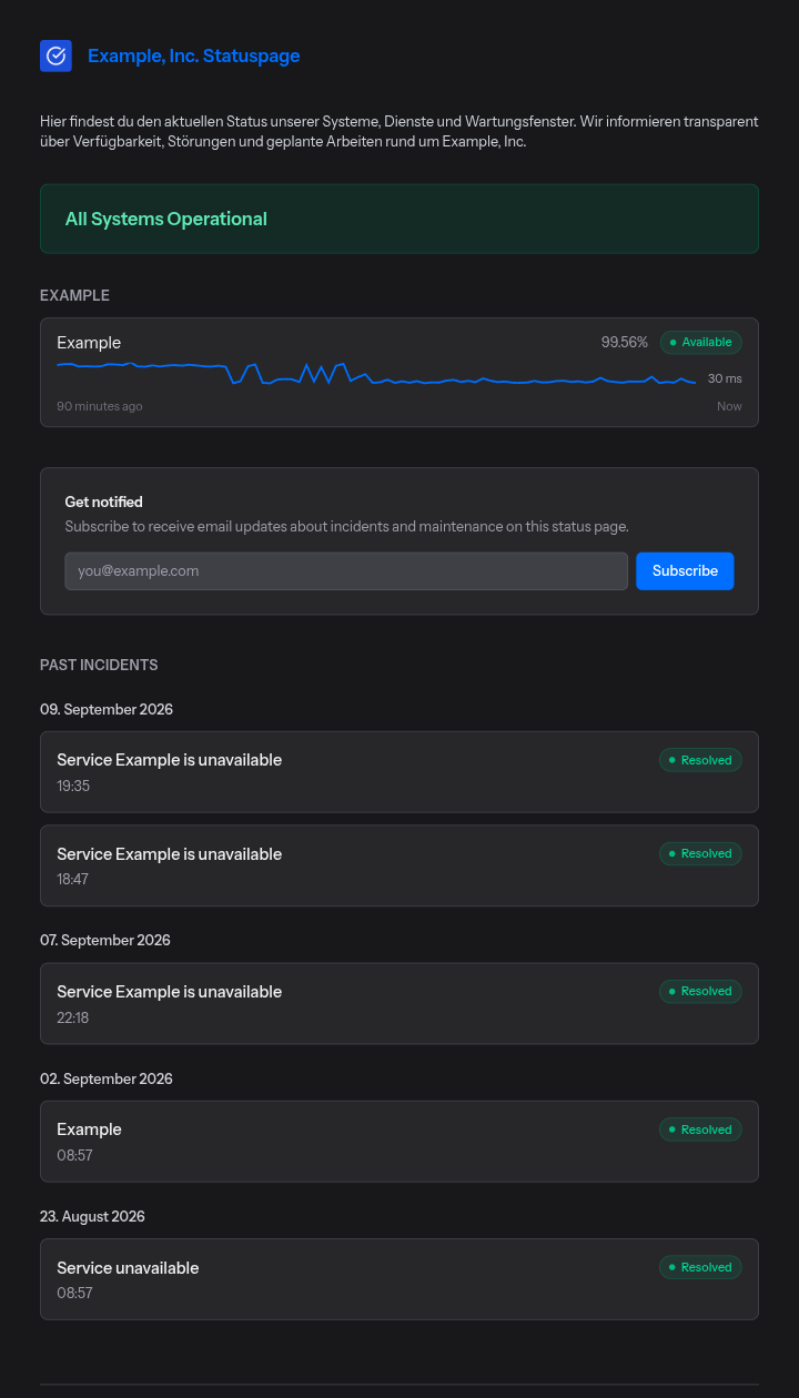 A public Uptimr status page showing overall status and live uptime for each service