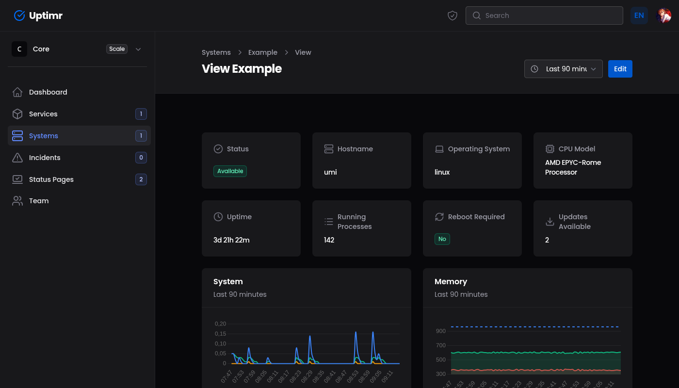 Uptimr system monitoring dashboard: CPU, memory and disk usage for a server running the companion agent